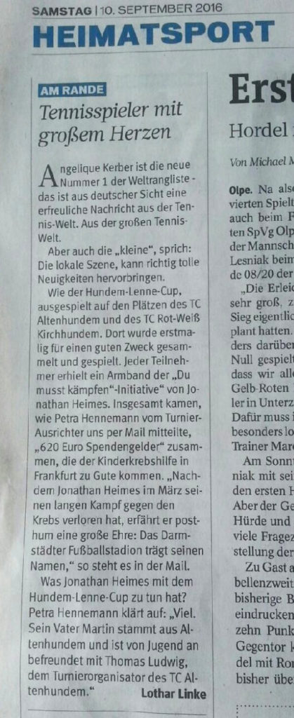 Zeitungsbericht in der WP vom 10.09.2016